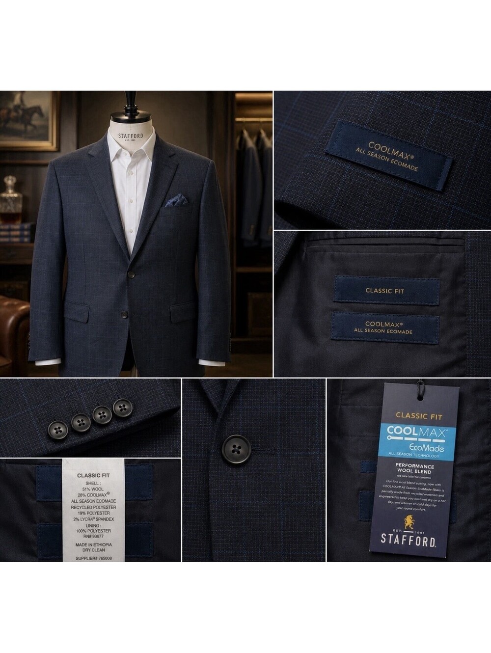 Stafford 50 R Classic Fit Navy Mini Check Wool Blend Sport Coat Blazer CoolMax